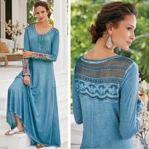 Soft Surroundings Ava Maxi Dress Embroidered Blue Size Large Style 2FK44 lagging